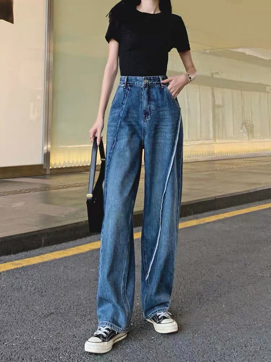 Super high-waisted wide-leg jeans for women straight-leg loose 2023 autumn new dad pants European style splicing boyfriend trendy (P135)