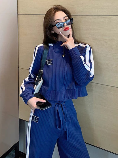 College style stand-up collar short zipper jacket blue age-reducing top high-waisted slimming wide-leg pants women's autumn and winter two-piece set