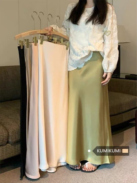 New Chinese style solid color satin skirt women's summer high-grade elastic waist champagne color fishtail skirt hip skirt long skirt
