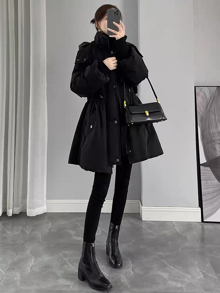 Black Down Jacket Women's Mid-Length 2023 New Winter Waist Slimming Pie Overcome White Duck Down Hooded Jacket
