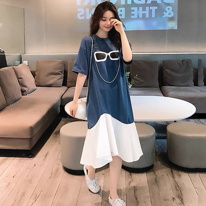 Loose dress for women summer 2023 new Korean style short-sleeved casual skirt chiffon splicing mid-length T-shirt skirt
