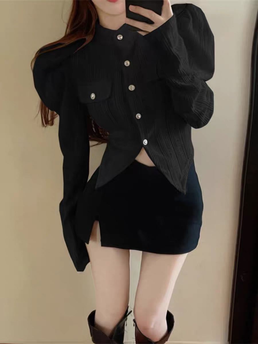 French half turtleneck knitted cardigan jacket for women spring high-end puff sleeves irregular short slimming bottoming shirt