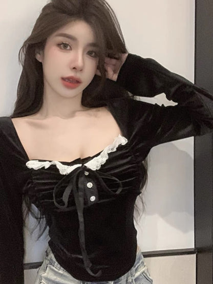 Sexy black velvet lace spliced fungus shirt for women in autumn and winter hottie strappy square collar bottoming long-sleeved top