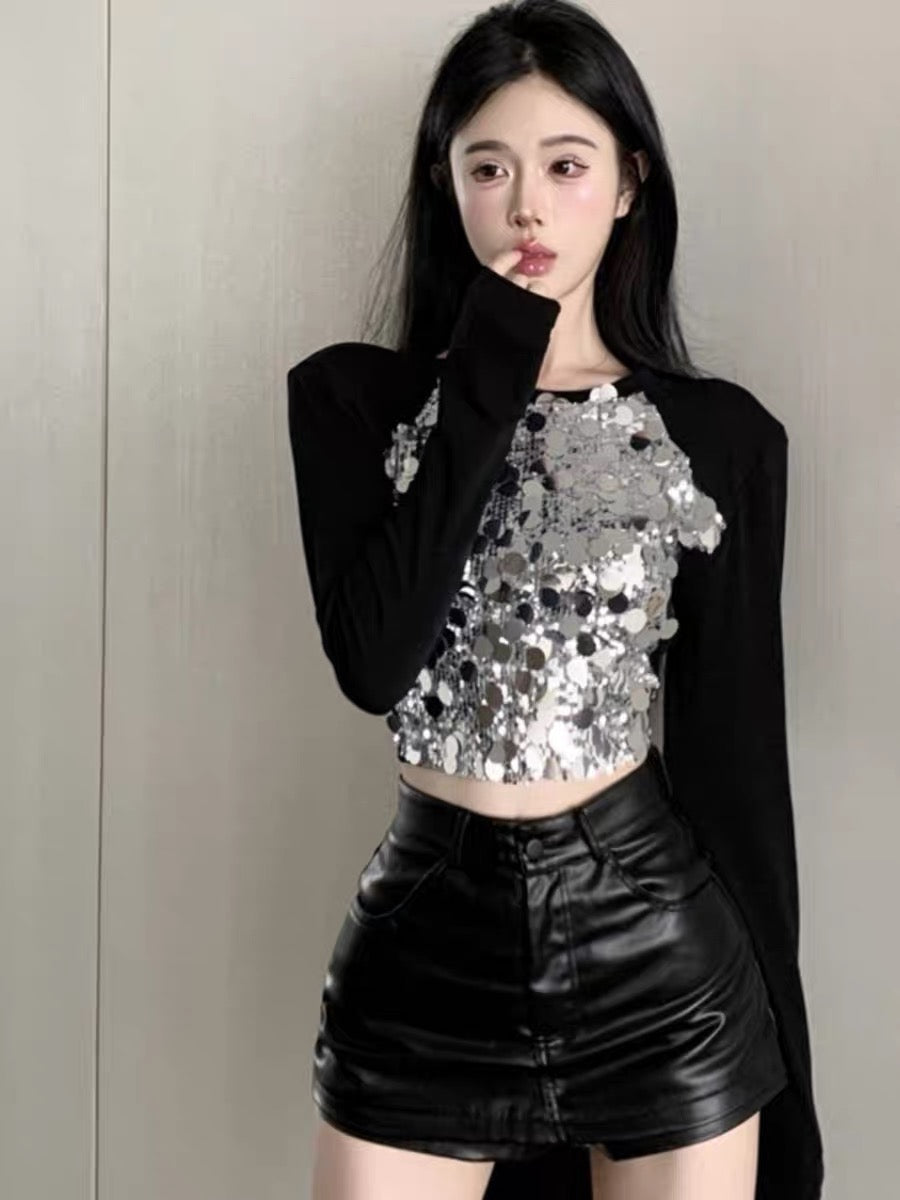 Early autumn heavy industry large sequined long-sleeved T-shirt for hot girls with tight-fitting design, fashionable and contrasting color splicing short top