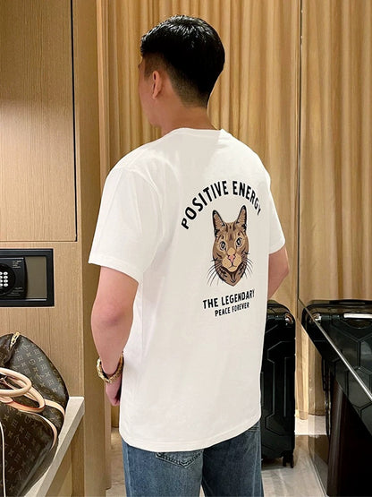 Summer clothes men's short-sleeved tops round neck T-shirt Fashion personality cat head print casual all-match cotton T-shirt men
