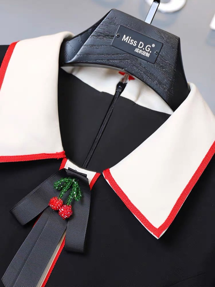 Miss DG high-end temperament small fragrant dress 2023 autumn and winter lapel bow waist slimming skirt (D0676)