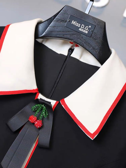 Miss DG high-end temperament small fragrant dress 2023 autumn and winter lapel bow waist slimming skirt (D0676)