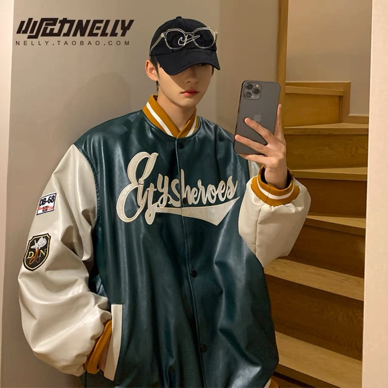High street PU leather baseball jacket men's autumn and winter trendy brand ins spring and autumn large size jacket trendy men's autumn tops
