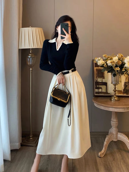 Two-piece suit women's autumn clothes new western style fashionable French retro bottoming velvet dress temperament slim long skirt