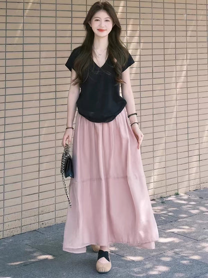 Summer Korean-style vintage Hepburn-esque raspberry-pink tulle A-line skirt; high-waisted, slimming, soft, and sophisticated.