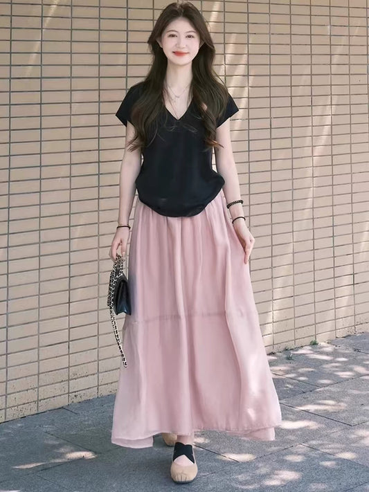 Summer Korean-style vintage Hepburn-esque raspberry-pink tulle A-line skirt; high-waisted, slimming, soft, and sophisticated.