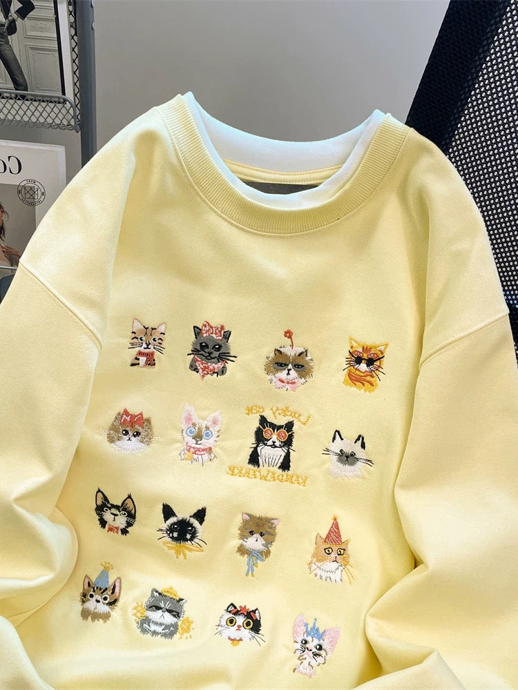 European goods niche heavy embroidery cat fake two-piece sweatshirt men and women spring and autumn stylish unique and exquisite super good-looking tops
