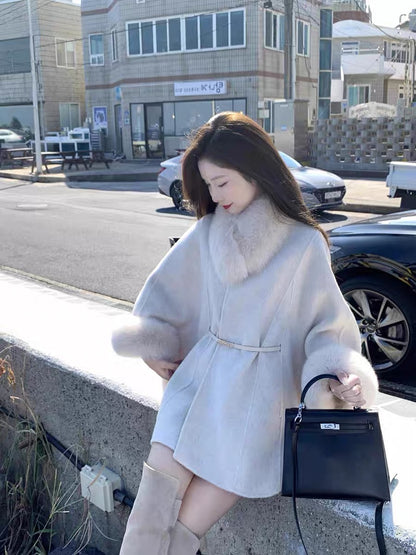 [Iceland Lovers] du family color fox fur double-sided woolen coat thick autumn and winter temperament cape style coat women's woolen coat A3312
