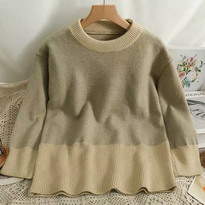 Suit for women in autumn and winter, lazy style, contrasting color splicing, round neck, long-sleeved loose sweater, elastic waist skirt, skirt