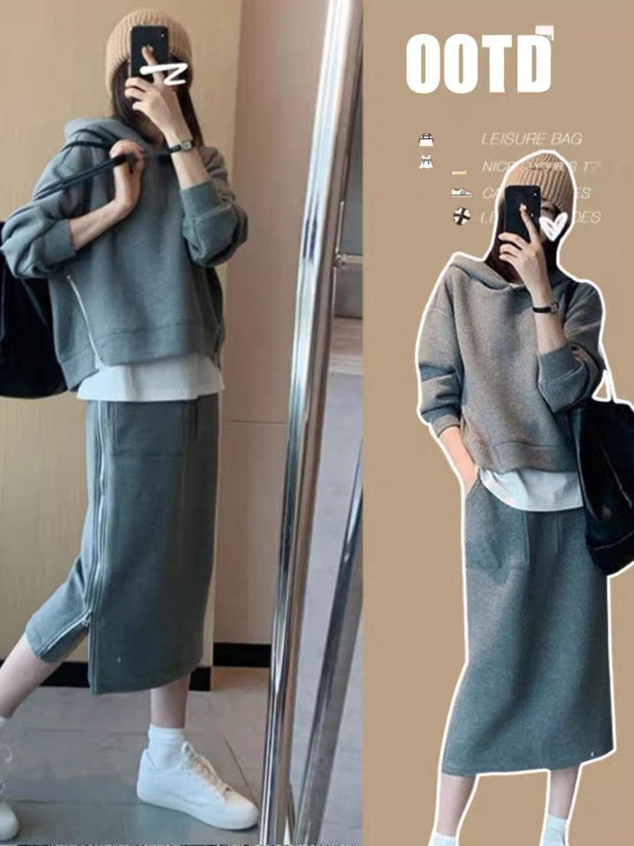 Maternity wear autumn 2023 new suit hooded sweatshirt casual gray skirt spring autumn winter fashion pregnant mother wear