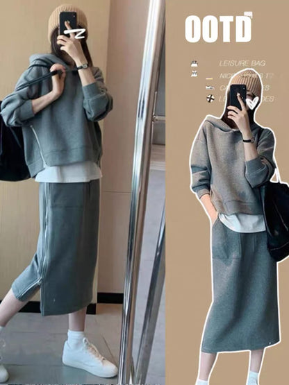 Maternity wear autumn 2023 new suit hooded sweatshirt casual gray skirt spring autumn winter fashion pregnant mother wear