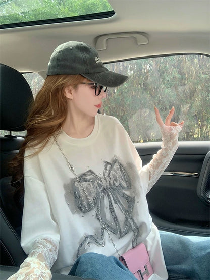 Fake two-piece bow short-sleeved T-shirt for women 2025 new summer heavy lace splicing hot diamond American loose top