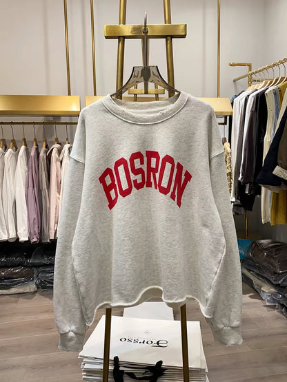 [Real-life shot from Xiao Ai's shop] American vintage-style loose-fit crewneck sweatshirt—relaxed, slimming, and featuring rolled-edge long sleeves.