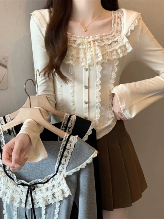 Plus size women's lace patchwork bow square neck T-shirt women's long-sleeved slim inner wear chic top