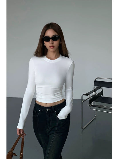 NEVA HU black long-sleeved tight T-shirt bottoming shirt for women Korean style niche slimming short top