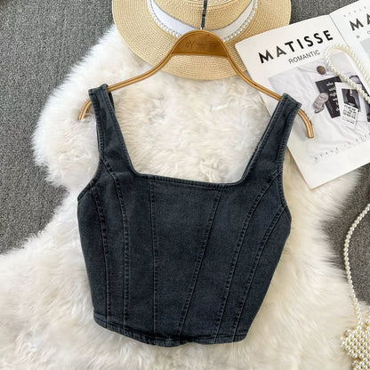 Retro style short denim camisole women's outer wear summer all-match western style slim zipper backless top
