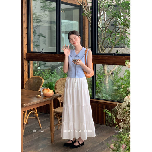 DH OFFICIAL Big Flower [Windsor College] Simple Korean Style Temperament Doll Collar Shirt White Skirt