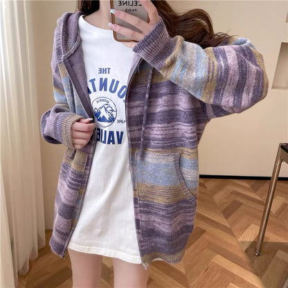 Fashionable design hooded sweater jacket for women 2023 new autumn versatile loose lazy style knitted cardigan (S0618)