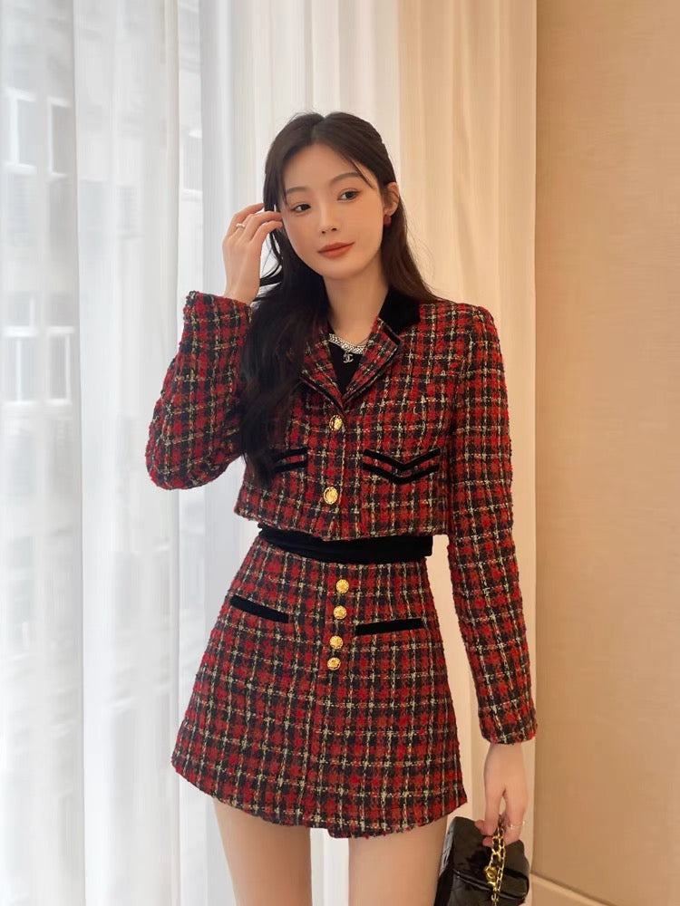 Red plaid small fragrance suit for women in autumn and winter new style ladylike high-end skirt and jacket with two-piece set (B2418)