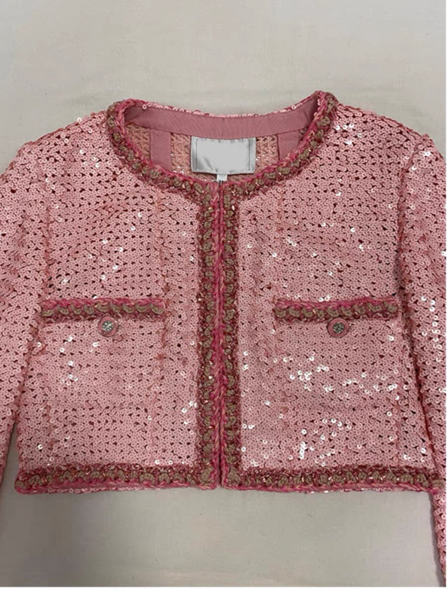 2023 Early Autumn New Pink Full Glitter Sequins Socialite Small Fragrance Style Jacket Women's Round Neck Double Pocket Short Top