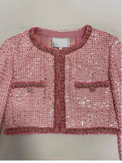 2023 Early Autumn New Pink Full Glitter Sequins Socialite Small Fragrance Style Jacket Women's Round Neck Double Pocket Short Top