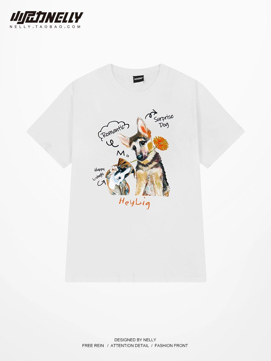Cartoon dog pure cotton short-sleeved T-shirt for men and women ins summer trend casual versatile Hong Kong style loose short-sleeved T-shirt top