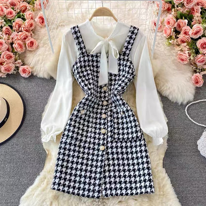 Autumn ladylike elegant bow tie shirt two-piece suit tweed plaid suspender dress