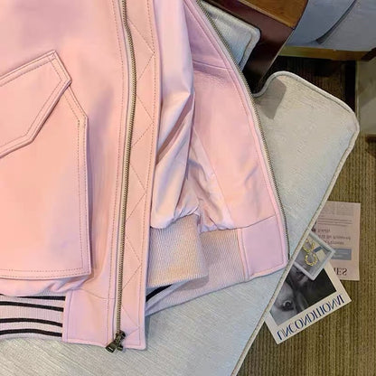 Korean chic fashion temperament pink baseball uniform women's winter sweet high-level lazy pu leather jacket coat