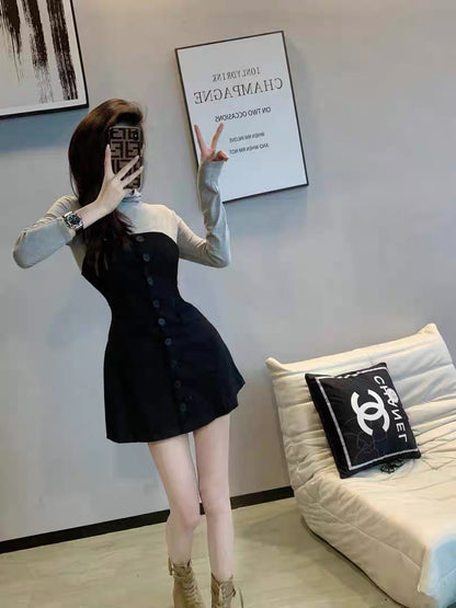 New Autumn Clothes 2023 Spliced Dress Women's High-Quality Temperament Goddess Style French Niche Fashion Waist Skirt (B2617)