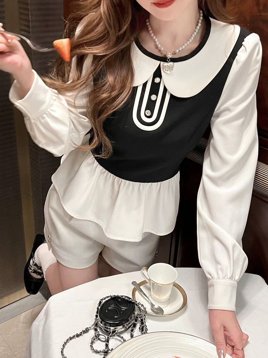 Q Girl's Lady Bird/French Doll Collar Contrast Color Skirt Shirt Women's 2024 Spring New Chic Top