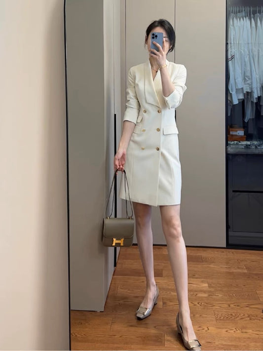 2023 new autumn women's French niche design, high-end, slim and fragrant white suit dress