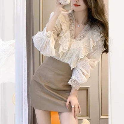 Matino White Lace Ruffled Puff Sleeve Shirt Chic and Beautiful Top French Shirt Women's Spring and Autumn Wear 20