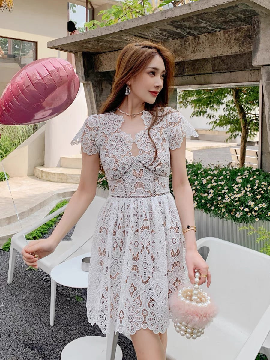 New women's French retro palace style sexy V-neck hollow lace waist slimming short-sleeved dress short skirt (D163)