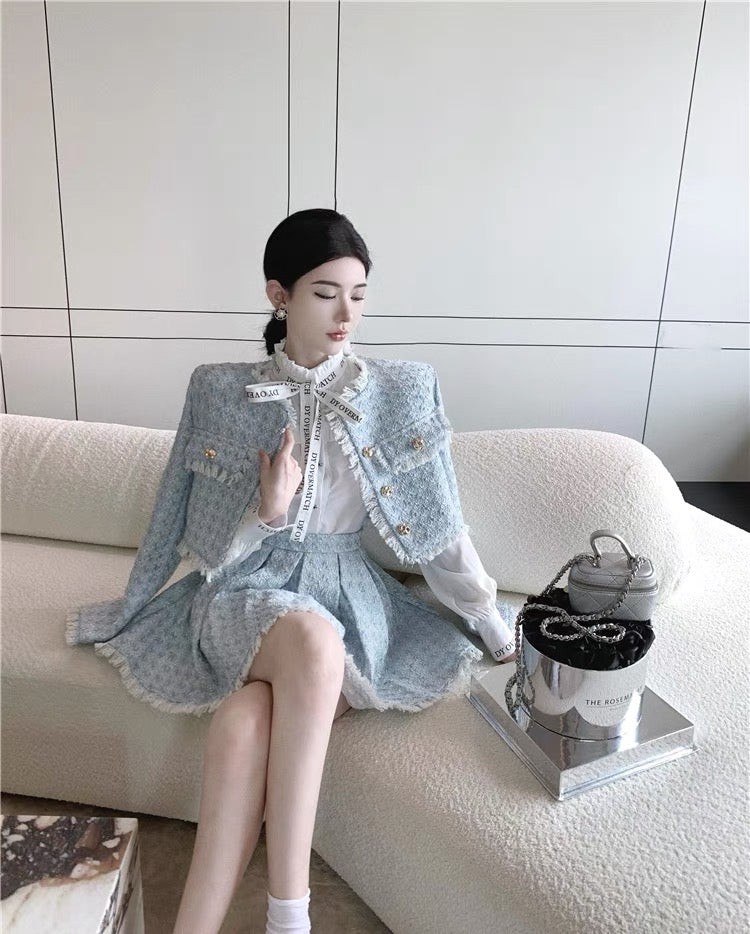 French celebrity temperament autumn and winter with a whole set of women's clothing professional small fragrant wind short coat pleated skirt