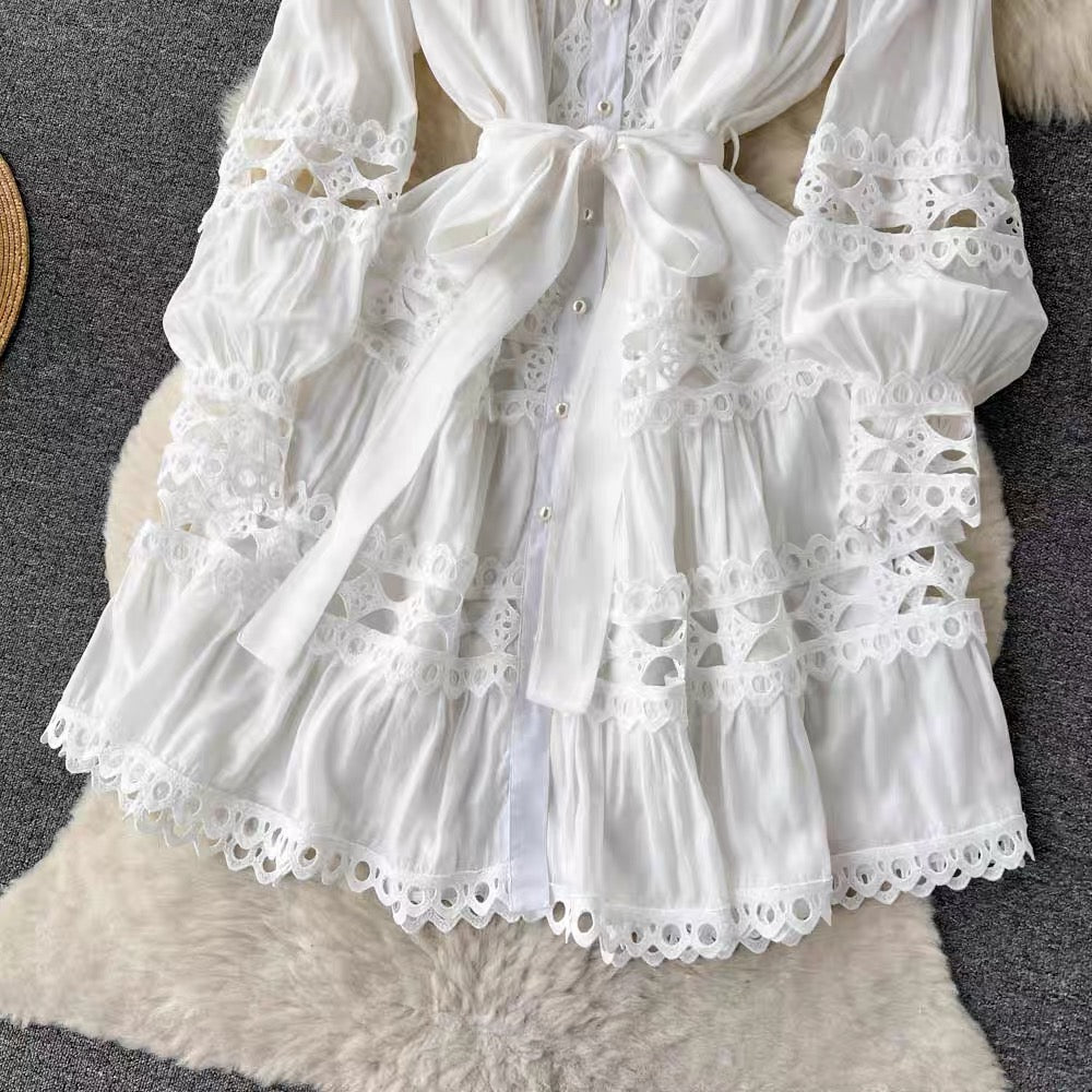 Spring new style French palace style stand-up collar hollow single-breasted dress women's lace-up hollow lace princess skirt (D0992)