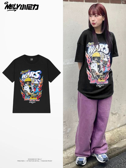 nely little nely cartoon animal print short-sleeved t-shirt men and women 2024 new student pure cotton loose tops