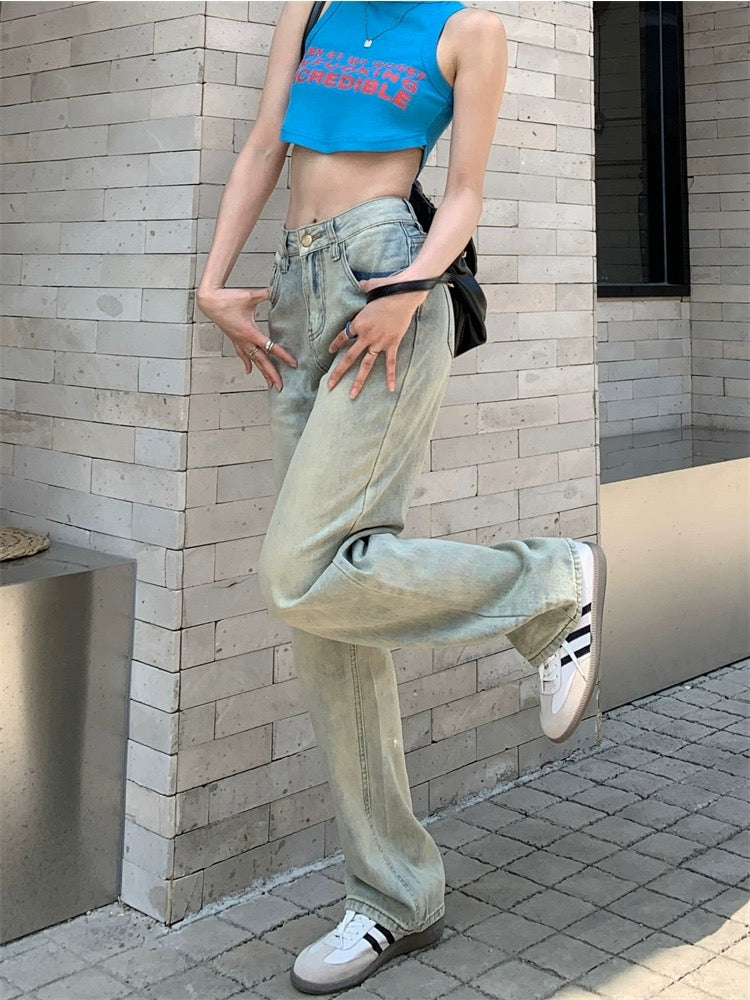 Light blue jeans, high-waisted floor-length pants for women, summer American retro loose wide-leg pants, straight-leg pants, drapey pants