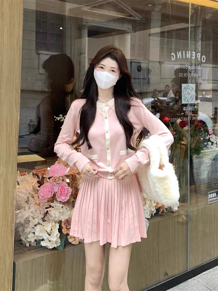 Autumn wear a complete set of pink milk sweater cardigan pleated