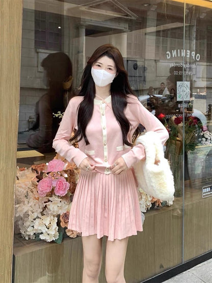 Autumn wear a complete set of pink milk sweater cardigan pleated skirt suit female niche gentle temperament two-piece set