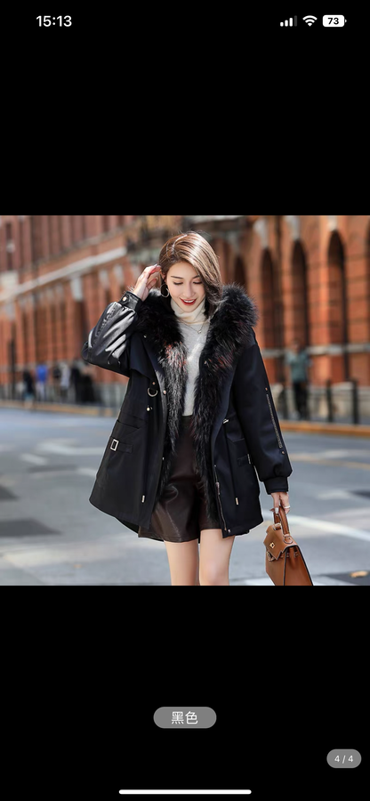 Winter fur parka women's 2023 mid-length hooded removable rex rabbit fur liner raccoon fur placket jacket