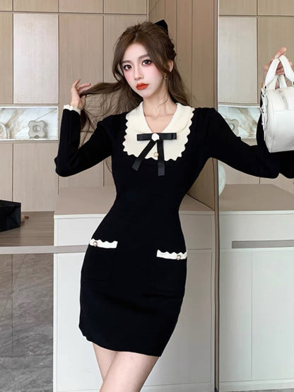 Minimalist bow ruffled contrasting color knitted dress for women winter small fragrant style bottoming sweater hip-hugging miniskirt D5511