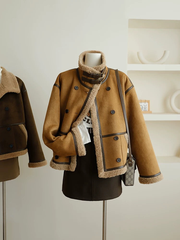 Candy candy fur one-piece lamb hair short coat for women 2023 new winter suede motorcycle jacket
