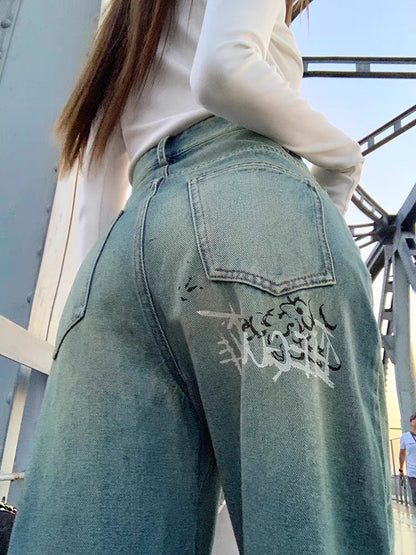 Earth Store Heavy Industry Graffiti Retro Washed Distressed Jeans Women's Autumn Tall and Slim Loose High-waisted Wide-leg Pants