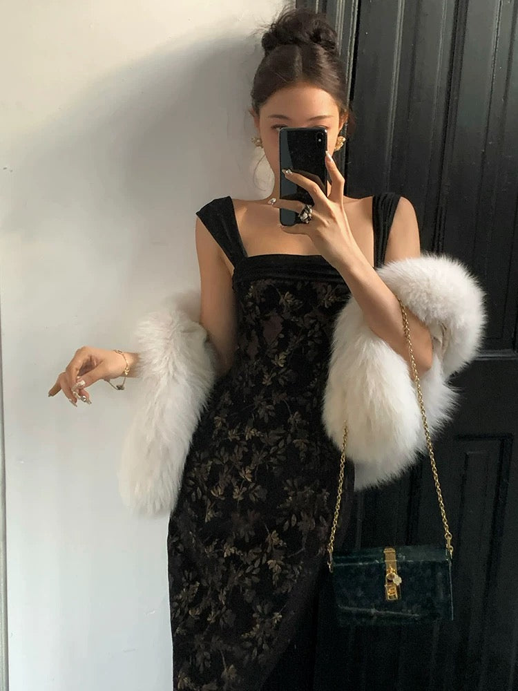 Xiaoli XIAOLI Chinese style floral suspender hip dress autumn and winter new high-end exquisite retro slim skirt