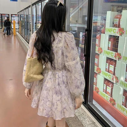 French retro lace stitching long-sleeved floral skirt dress women's summer 2023 new temperament a-line short skirt